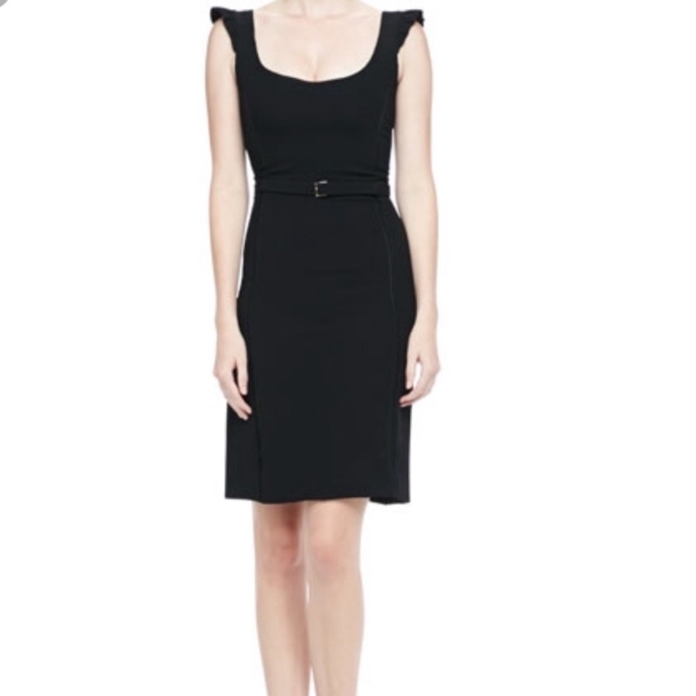 GORGEOUS L’AGENCE BLACK RUFFLE-SLEEVE BELTED SILK‎ BLEND DRESS SCOOP NECK BELTED
